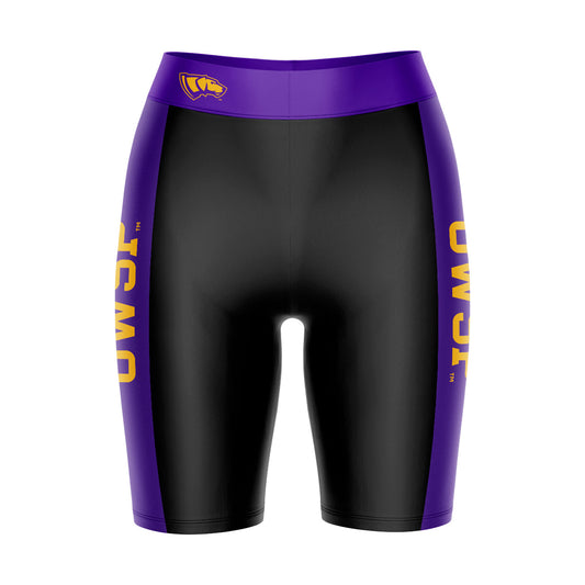UW-Stevens Point Pointers Vive La Fete Game Day Logo on Waistband and Purple Stripes Black Women Bike Short 9 Inseam