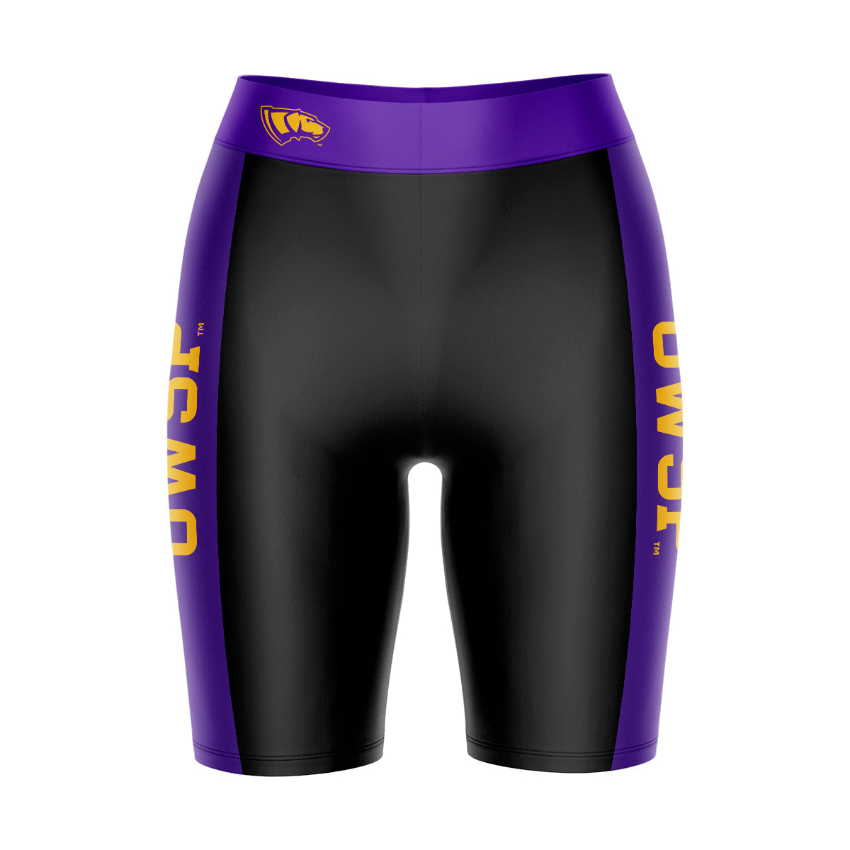 UW-Stevens Point Pointers Vive La Fete Game Day Logo on Waistband and Purple Stripes Black Women Bike Short 9 Inseam