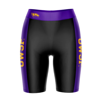 UW-Stevens Point Pointers Vive La Fete Game Day Logo on Waistband and Purple Stripes Black Women Bike Short 9 Inseam