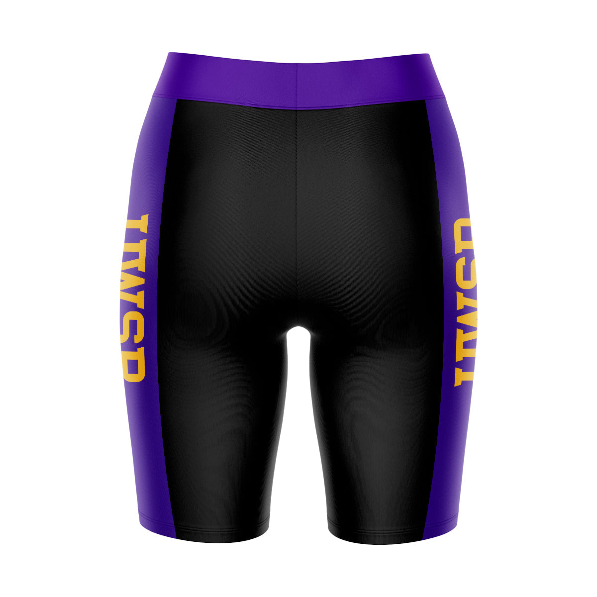 UW-Stevens Point Pointers Vive La Fete Game Day Logo on Waistband and Purple Stripes Black Women Bike Short 9 Inseam