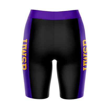 UW-Stevens Point Pointers Vive La Fete Game Day Logo on Waistband and Purple Stripes Black Women Bike Short 9 Inseam