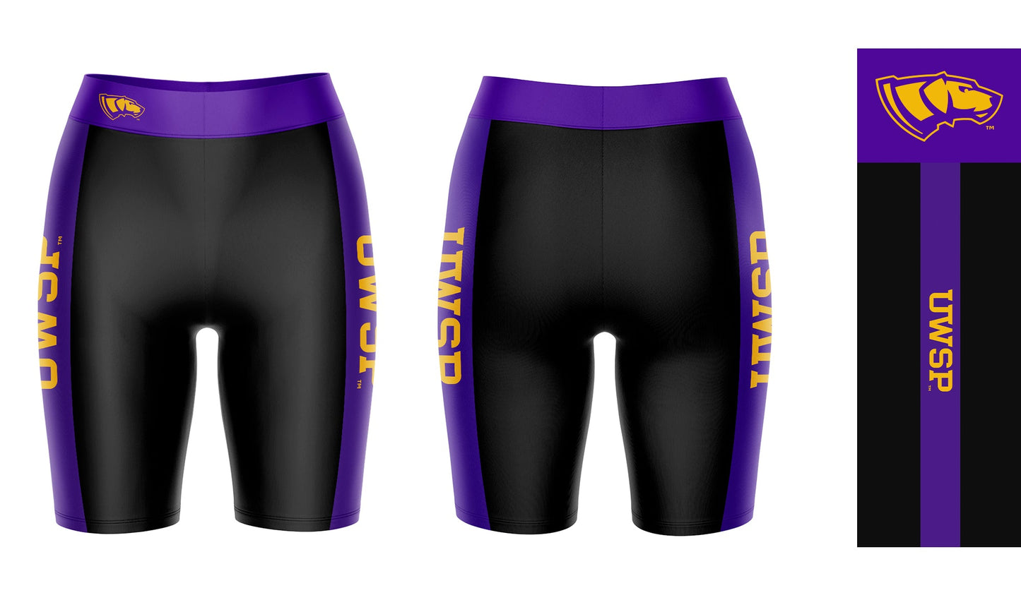 UW-Stevens Point Pointers Vive La Fete Game Day Logo on Waistband and Purple Stripes Black Women Bike Short 9 Inseam