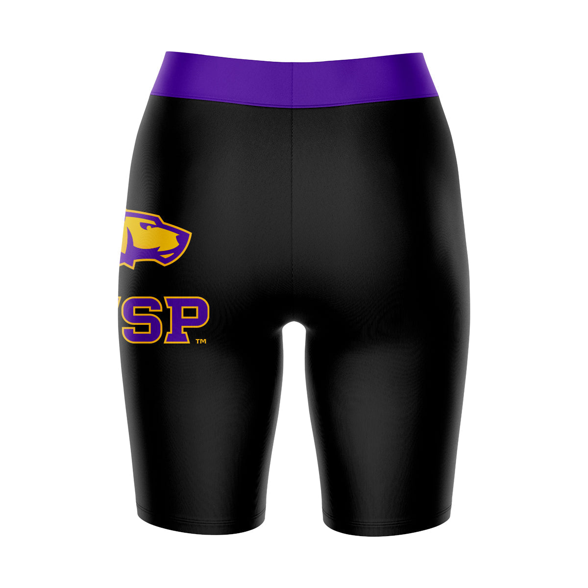 UW-Stevens Point Pointers UWSP Vive La Fete Logo on Thigh and Waistband Black and Purple Women Bike Short 9 Inseam