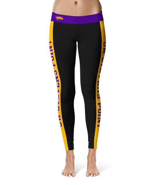 UW-Stevens Point Pointers UWSP Vive La Fete Game Day Collegiate Gold Stripes Women Black Yoga Leggings 2 Waist Tights