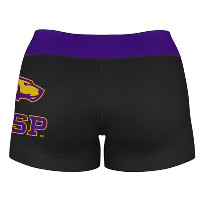 UW-Stevens Point Pointers UWSP Logo on Thigh & Waistband Black & Purple Women Yoga Booty Workout Shorts 3.75 Inseam - Vive La F̻te - Online Apparel Store
