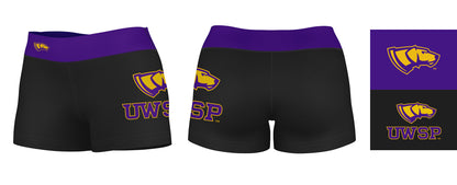 UW-Stevens Point Pointers UWSP Logo on Thigh & Waistband Black & Purple Women Yoga Booty Workout Shorts 3.75 Inseam - Vive La F̻te - Online Apparel Store