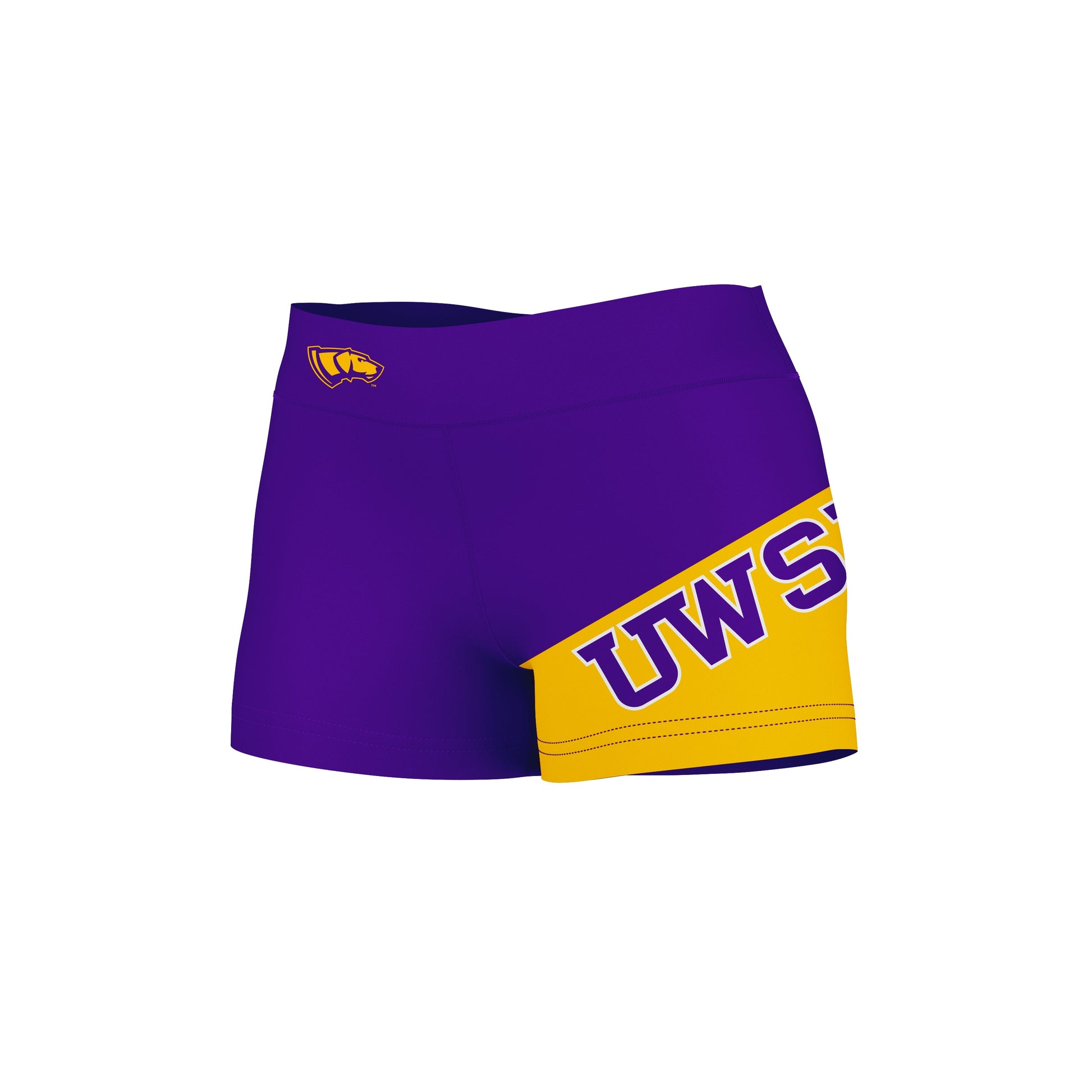 UW-Stevens Point Pointers Vive La Fete Game Day Collegiate Leg Color Block Women Purple Gold Optimum Yoga Short - Vive La F̻te - Online Apparel Store