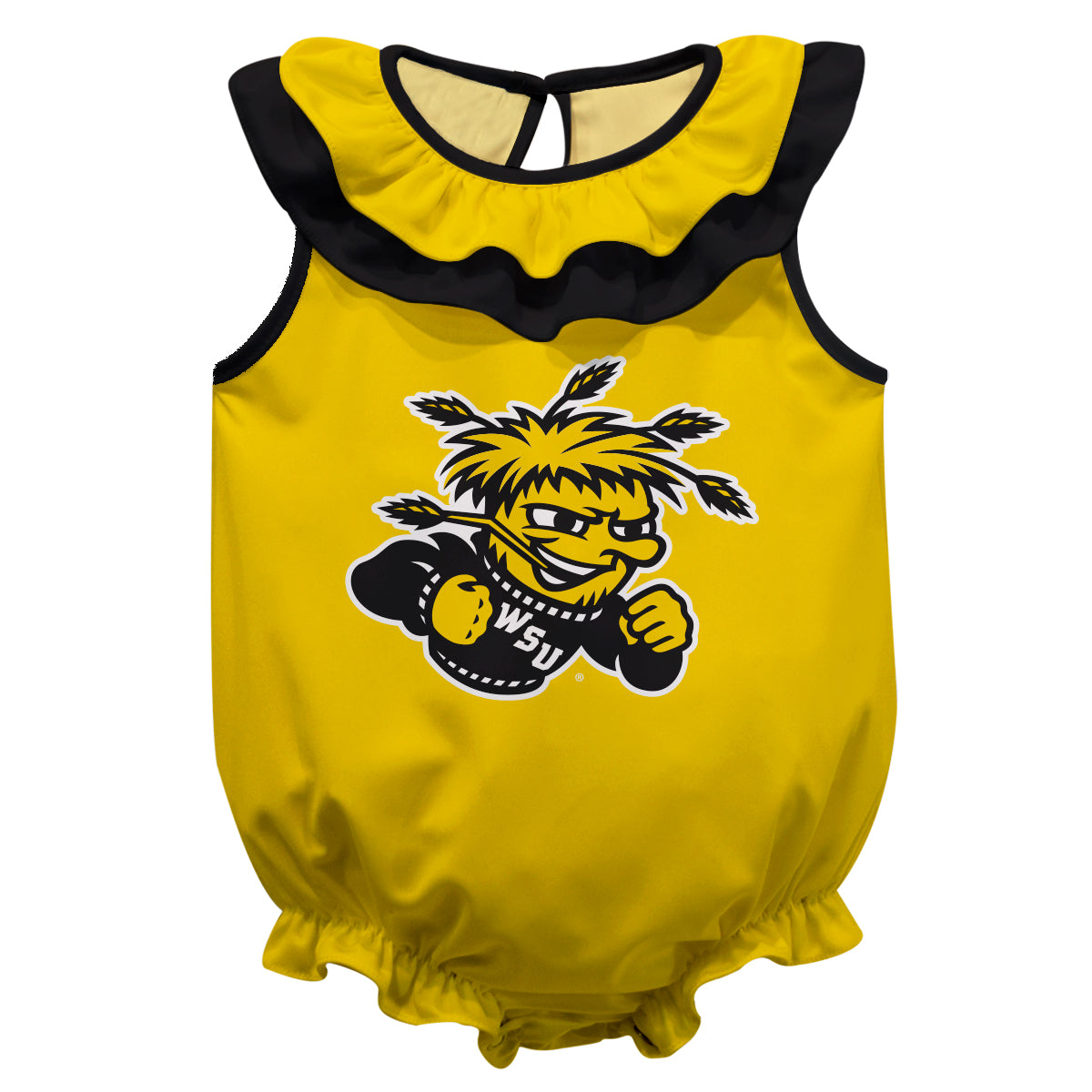 Wichita State Shockers WSU Yellow Sleeveless Ruffle One Piece Jumpsuit Logo Bodysuit by Vive La Fete