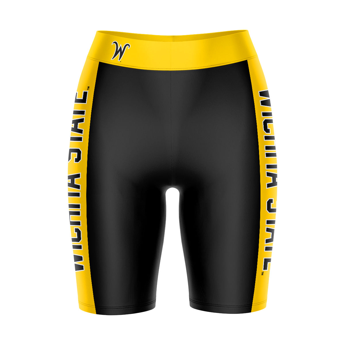 Wichita State Shockers WSU Vive La Fete Game Day Logo on Waistband and Gold Stripes Black Women Bike Short 9 Inseam