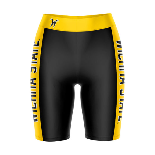 Wichita State Shockers WSU Vive La Fete Game Day Logo on Waistband and Gold Stripes Black Women Bike Short 9 Inseam