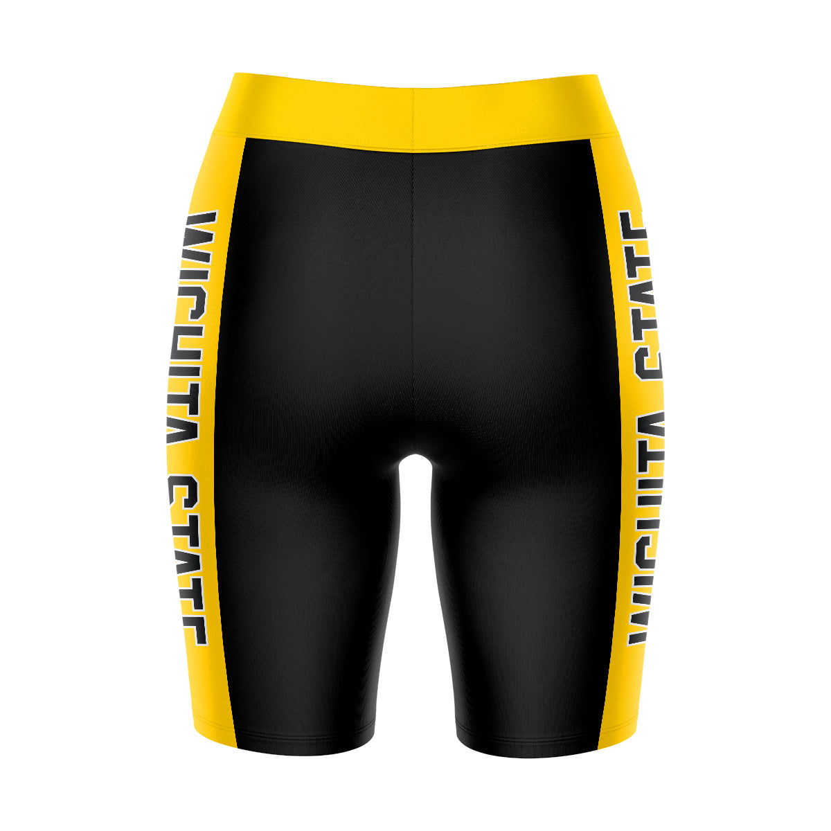 Wichita State Shockers WSU Vive La Fete Game Day Logo on Waistband and Gold Stripes Black Women Bike Short 9 Inseam