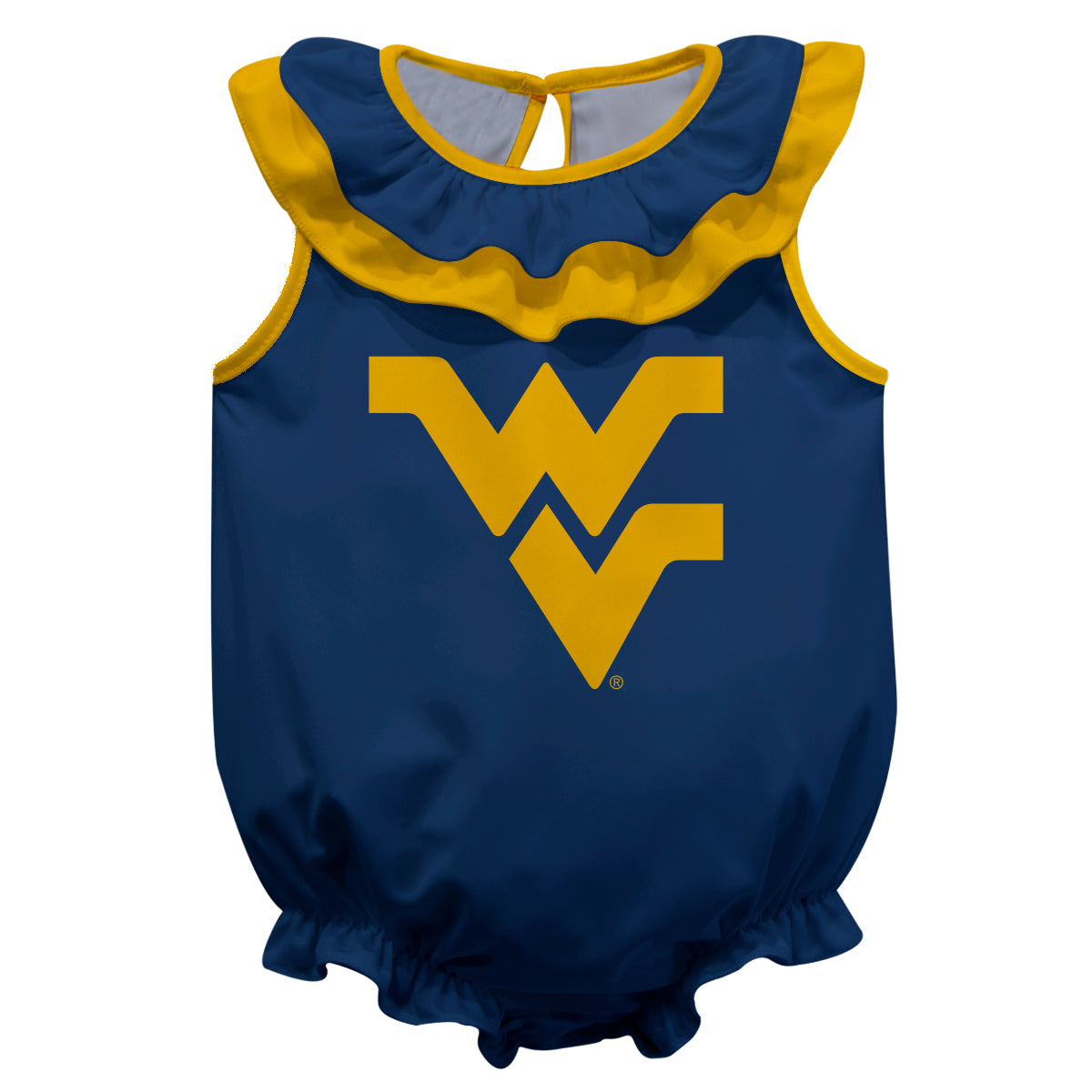 West Virginia University Mountaineers Blue Sleeveless Ruffle One Piece Jumpsuit Logo Bodysuit by Vive La Fete