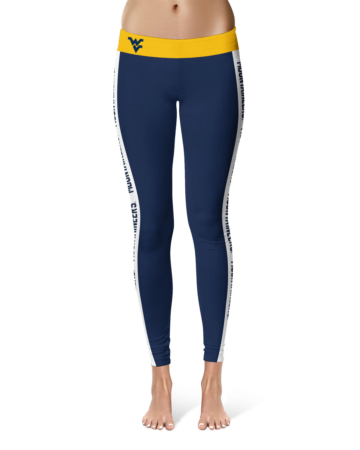 West Virginia Mountaineers Vive La Fete Game Day Collegiate White Stripes Women Navy Yoga Leggings 2 Waist Tights