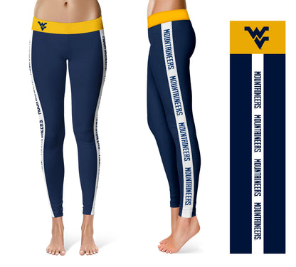 West Virginia Mountaineers Vive La Fete Game Day Collegiate White Stripes Women Navy Yoga Leggings 2 Waist Tights