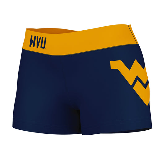 West Virginia Mountaineers Vive La Fete Logo on Thigh & Waistband Blue Gold Women Yoga Booty Workout Shorts 3.75 Inseam