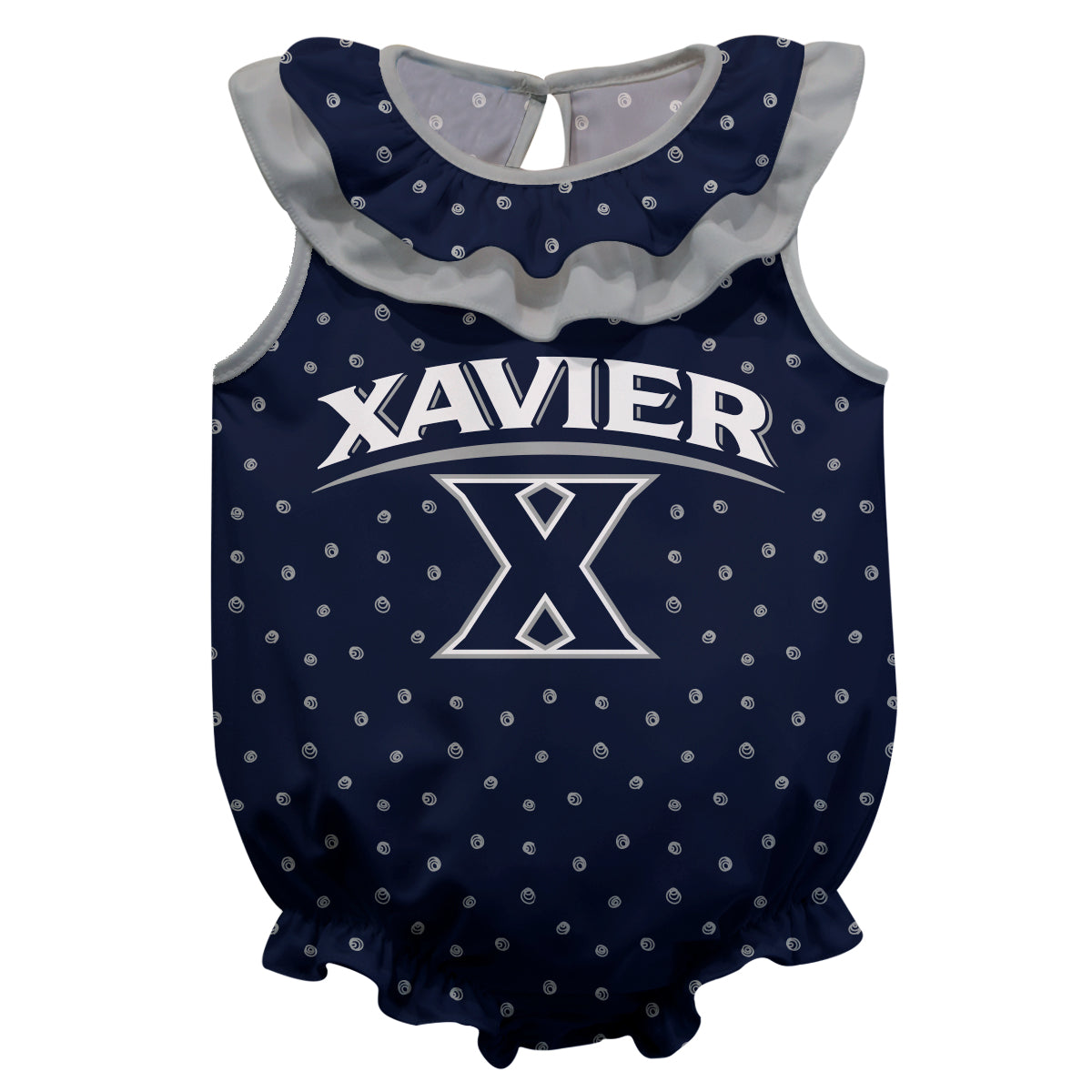 Xavier University Muskateers Swirls Navy Sleeveless Ruffle One Piece Jumpsuit Logo Bodysuit by Vive La Fete