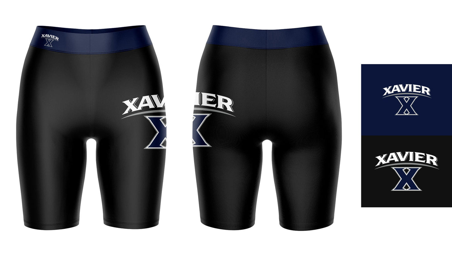 Xavier University Muskateers Vive La Fete Game Day Logo on Thigh and Waistband Black and Navy Women Bike Short 9 Inseam"