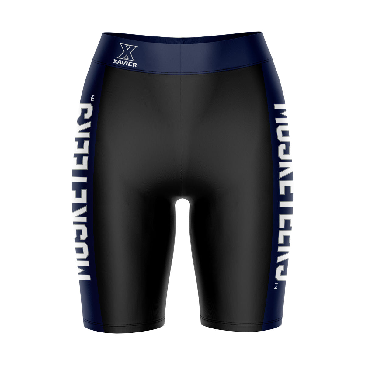 Xavier University Muskateers Vive La Fete Game Day Logo on Waistband and Navy Stripes Black Women Bike Short 9 Inseam