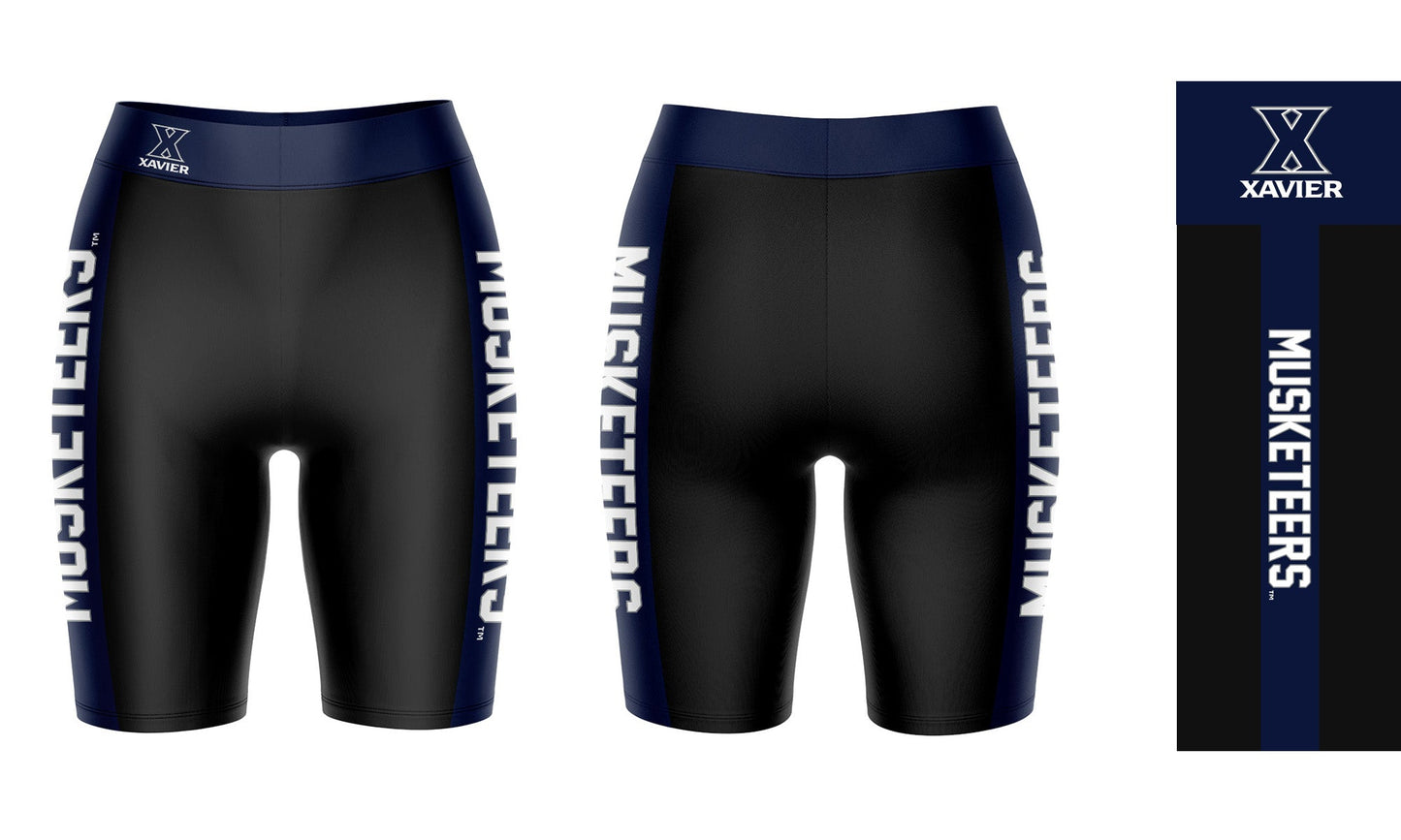 Xavier University Muskateers Vive La Fete Game Day Logo on Waistband and Navy Stripes Black Women Bike Short 9 Inseam