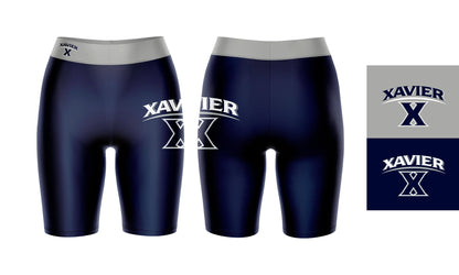 Xavier Musketeers Vive La Fete Game Day Logo on Thigh and Waistband Blue and Gray Women Bike Short 9 Inseam