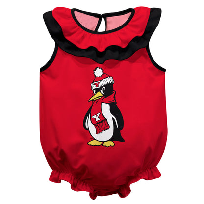Youngstown State University Penguins Red Sleeveless Ruffle One Piece Jumpsuit Logo Bodysuit by Vive La Fete