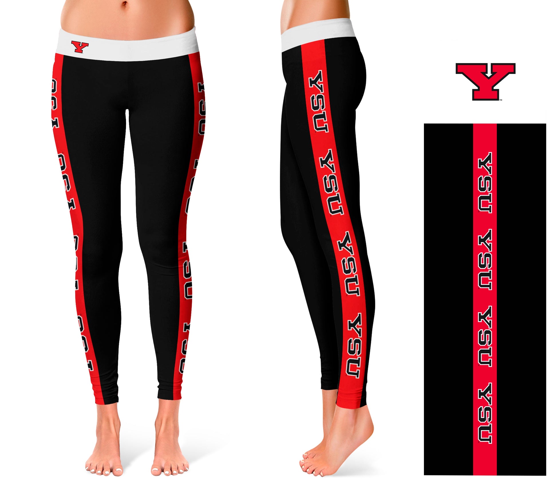 Youngstown State Penguins Vive La Fete Game Day Collegiate Red Stripes Women Black Yoga Leggings 2 Waist Tights