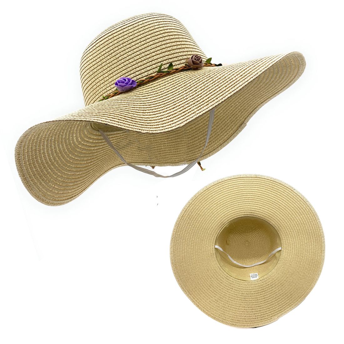 Empire Cove Womens Wide Brim Straw Hat Floppy Sun Hat Panama Fedora Summer, Flower Beige