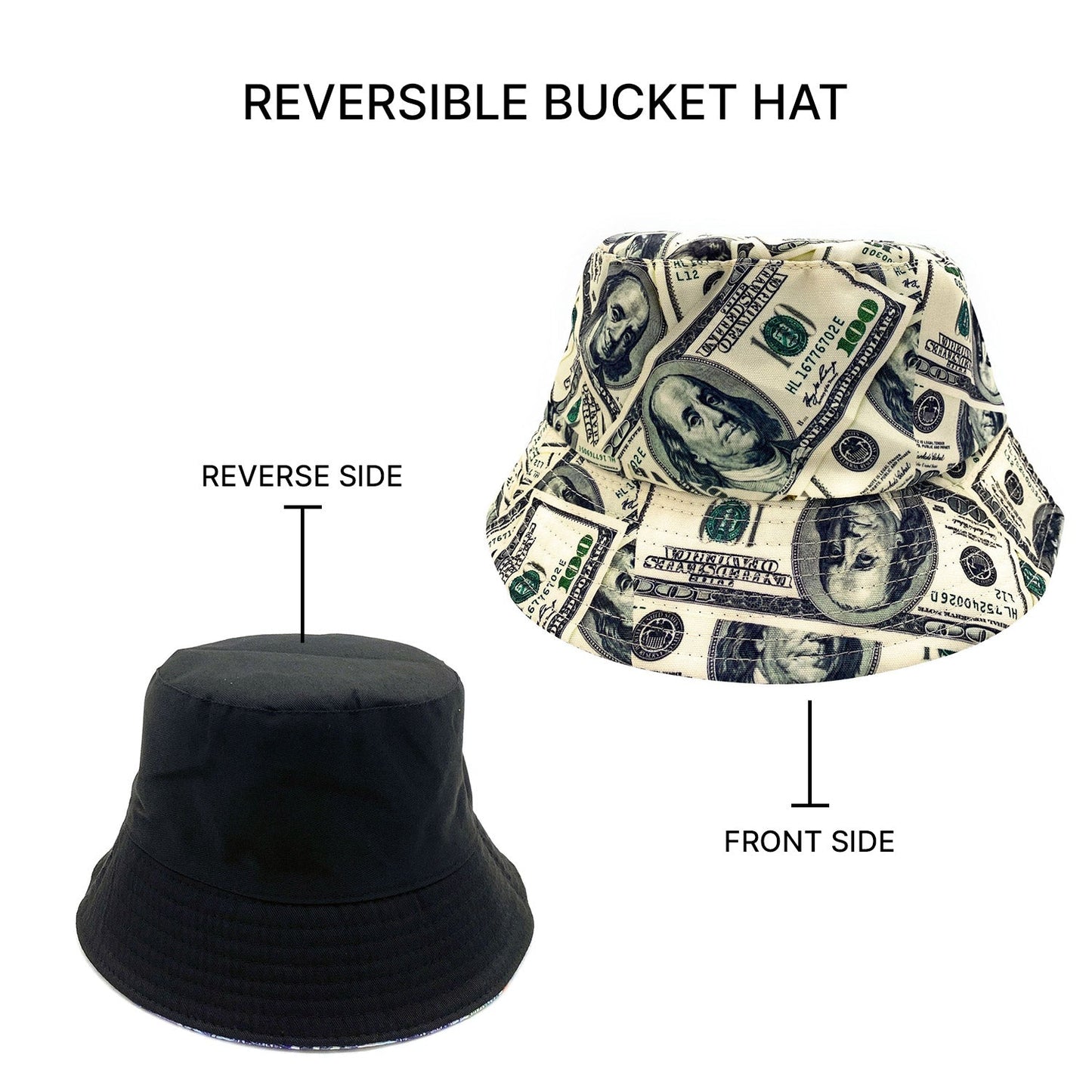 Empire Cove 100 Dollar Bill Money Bucket Hat Reversible Fisherman Cap Women Men-Casaba Shop