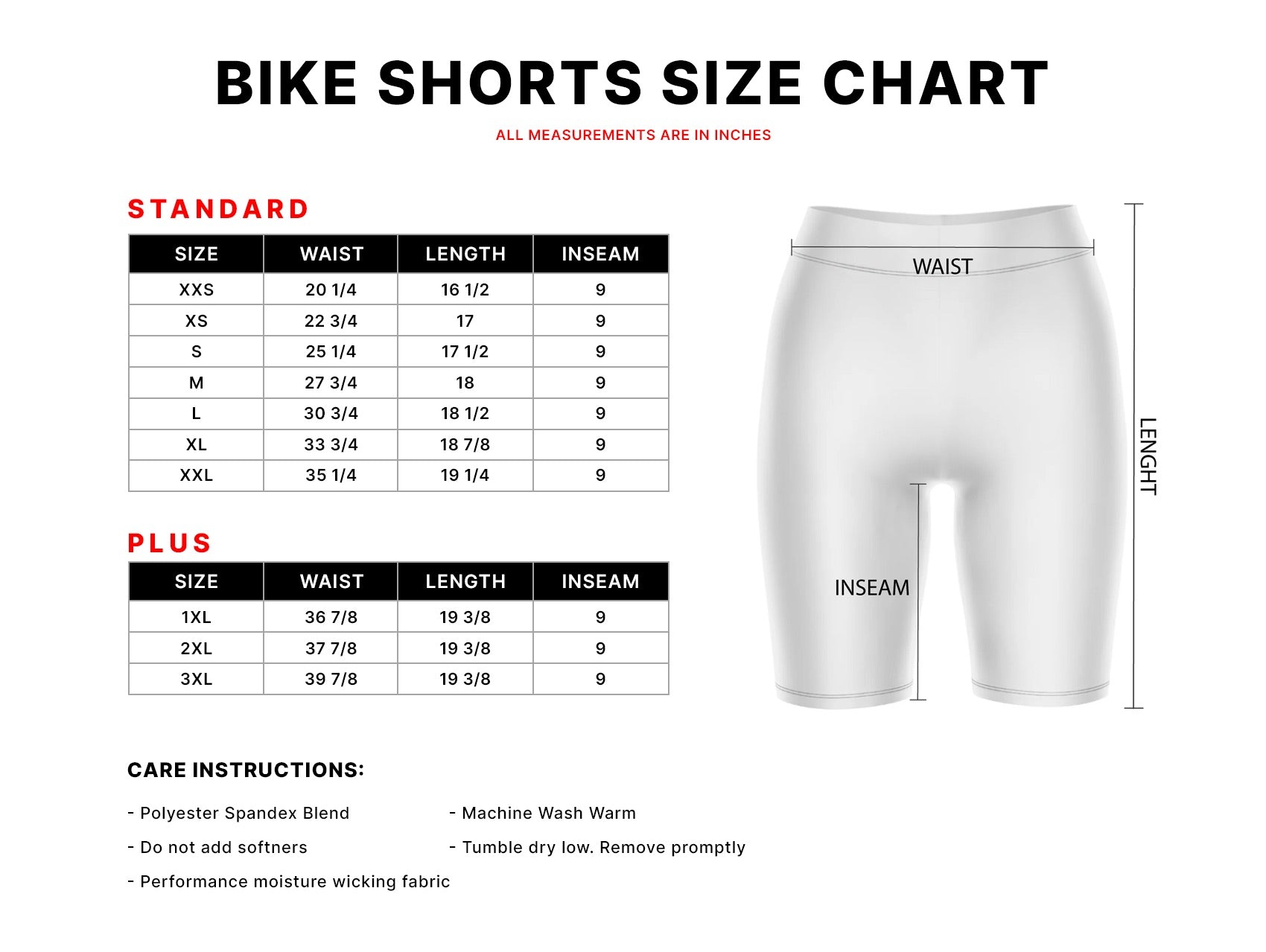 Womens Bike Shorts Size Chart