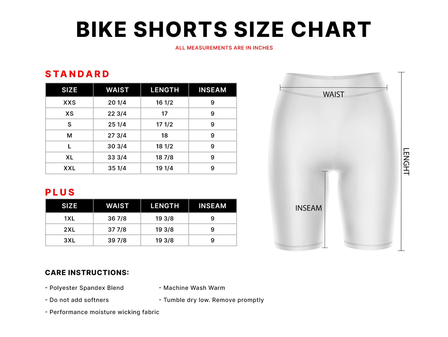 Womens Bike Shorts Size Chart