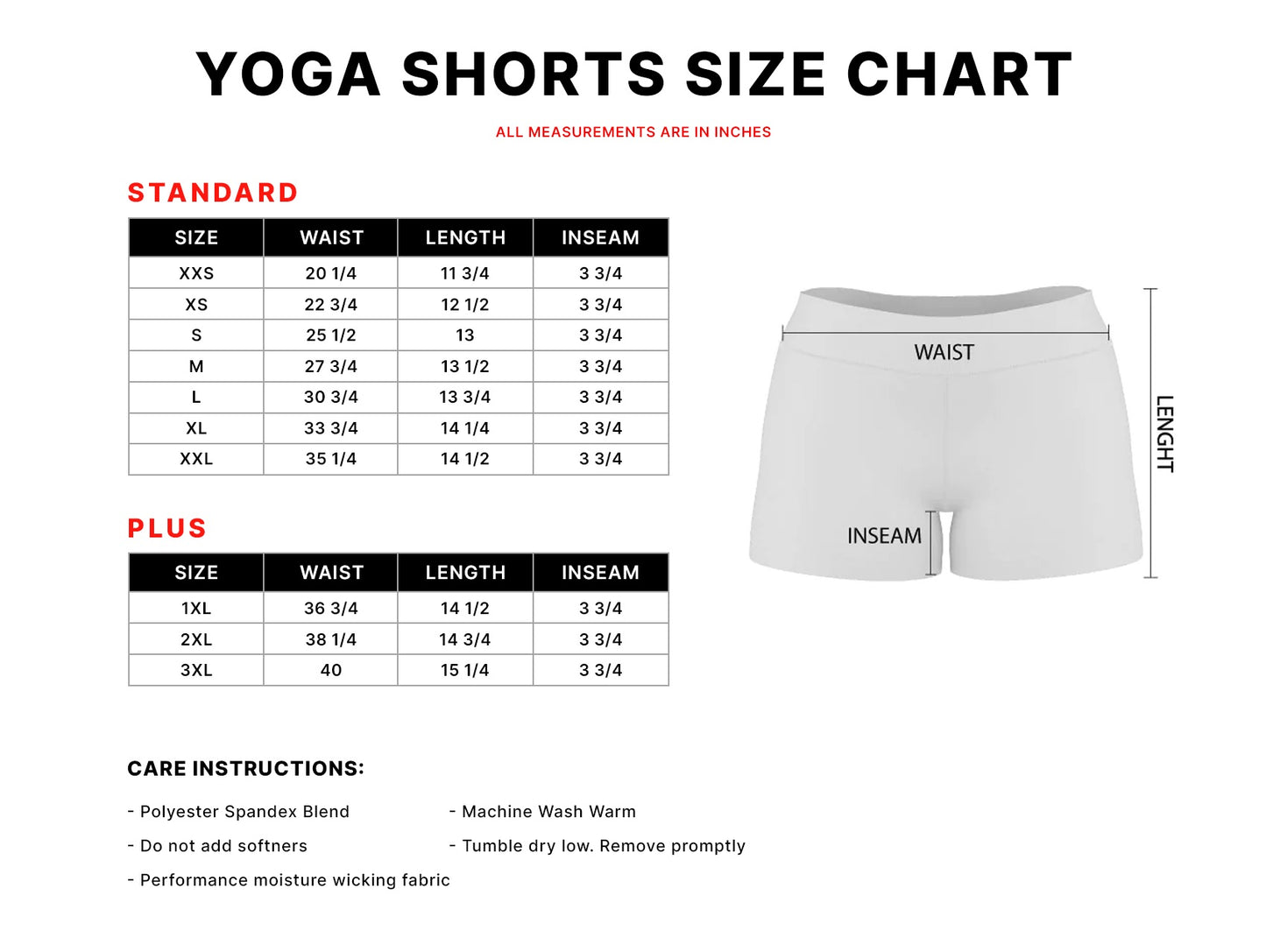 Womens Yoga Shorts Size Chart