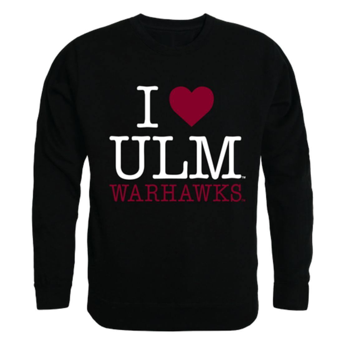 I Love ULM University of Louisiana Monroe Warhawks Crewneck Pullover Sweatshirt Sweater-Campus-Wardrobe