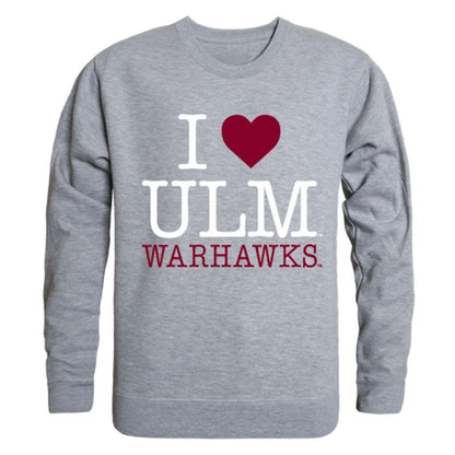 I Love ULM University of Louisiana Monroe Warhawks Crewneck Pullover Sweatshirt Sweater-Campus-Wardrobe