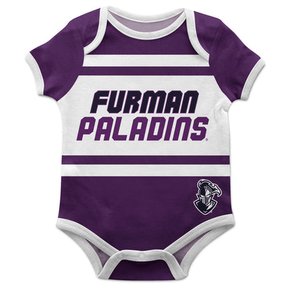 Furman Paladins Block Stripe Purple Short Sleeve One Piece Jumpsuit by Vive La Fete