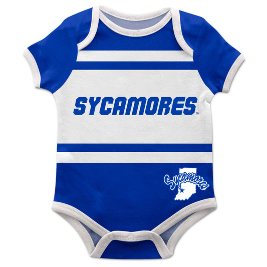 Indiana State University Sycamores Block Stripe Blue Short Sleeve One Piece Jumpsuit by Vive La Fete