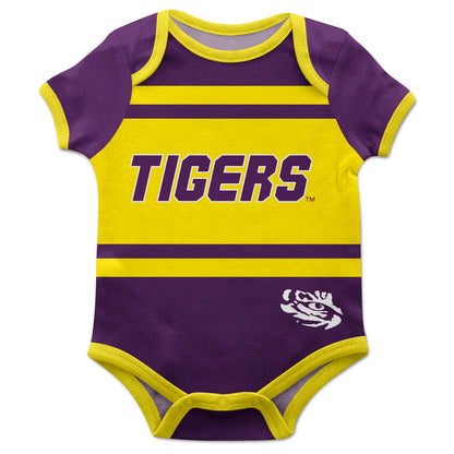 LSU Tigers Block Stripe Purple Short Sleeve One Piece Jumpsuit by Vive La Fete