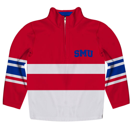 SMU Mustangs Logo Stripes Red Long Sleeve Quarter Zip Sweatshirt by Vive La Fete