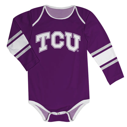 TCU Horned Frogs Stripes Purple Long Sleeve One Piece Jumpsuit by Vive La Fete